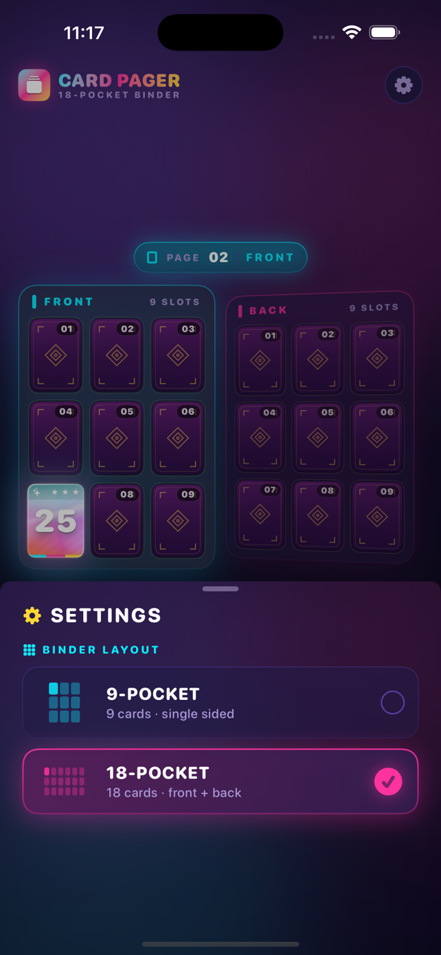 Card Pager settings sheet with binder layout picker